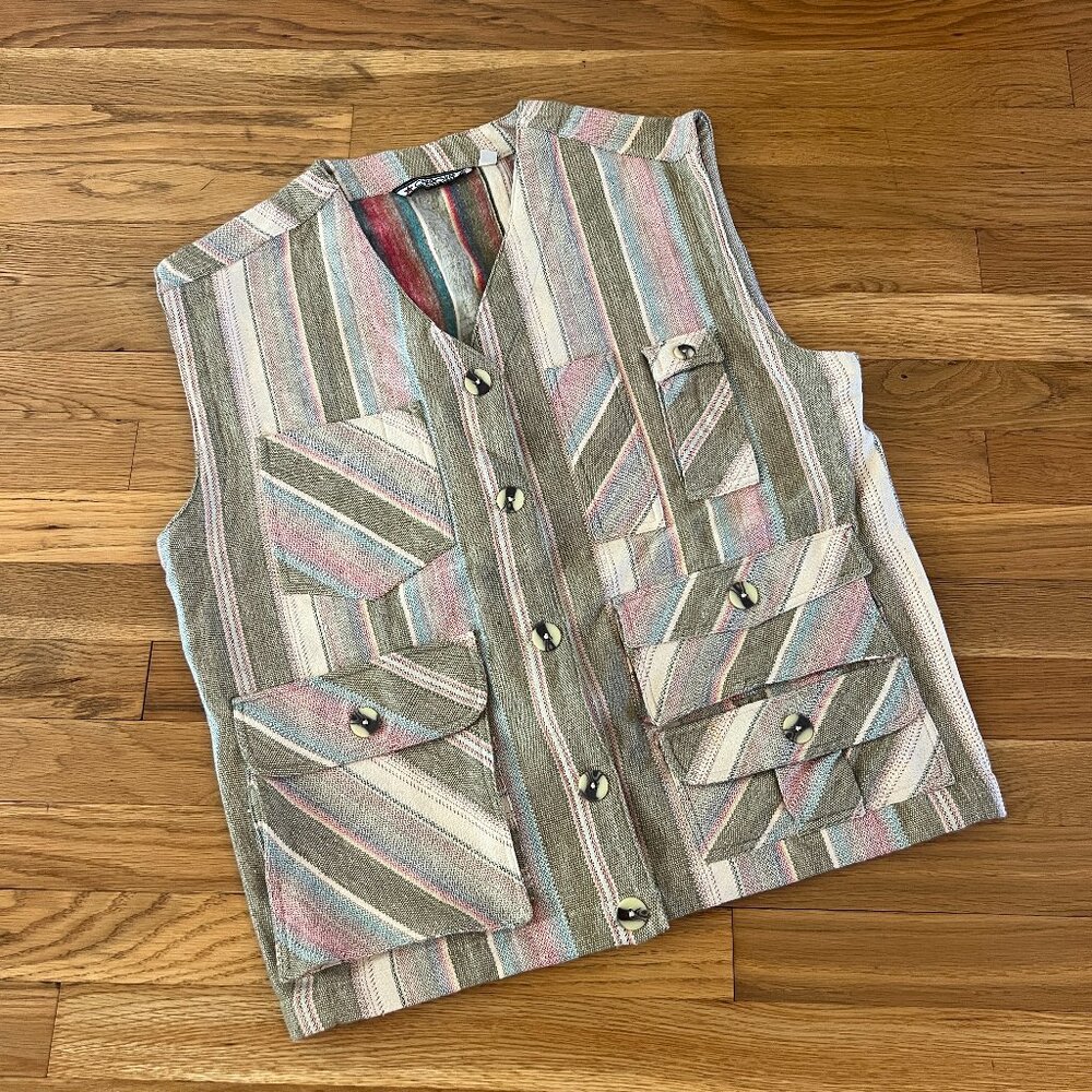 Vintage Cherokee Multicolor Tribal Patterned 6-Pocket Vest – Men's Medium